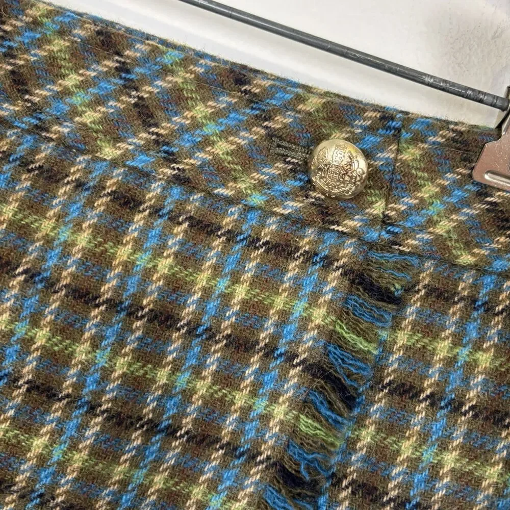 Talbots Womens 4 Fringe Trim Wool Blend Faux Wrap Skirt Green Plaid - Picture 6 of 8